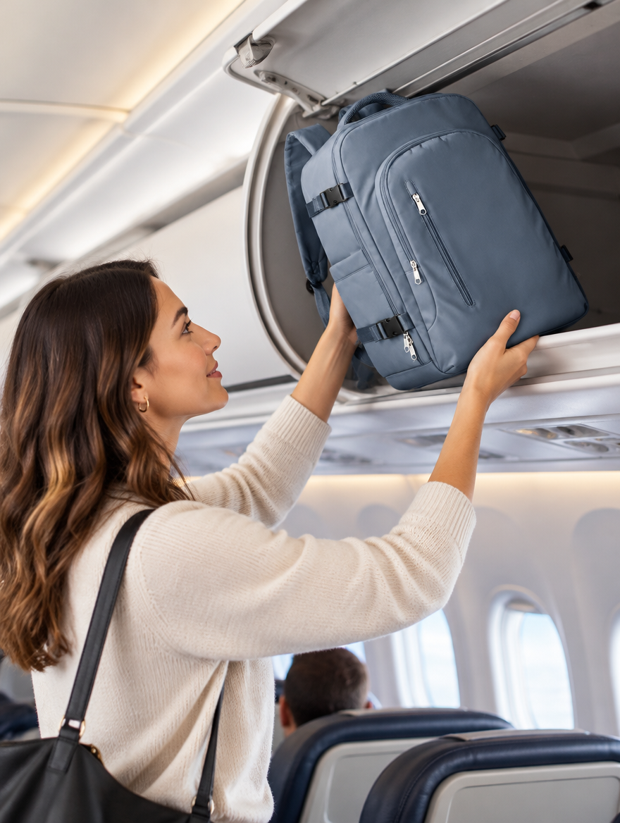 Sac cabine rangé dans le coffre à bagages