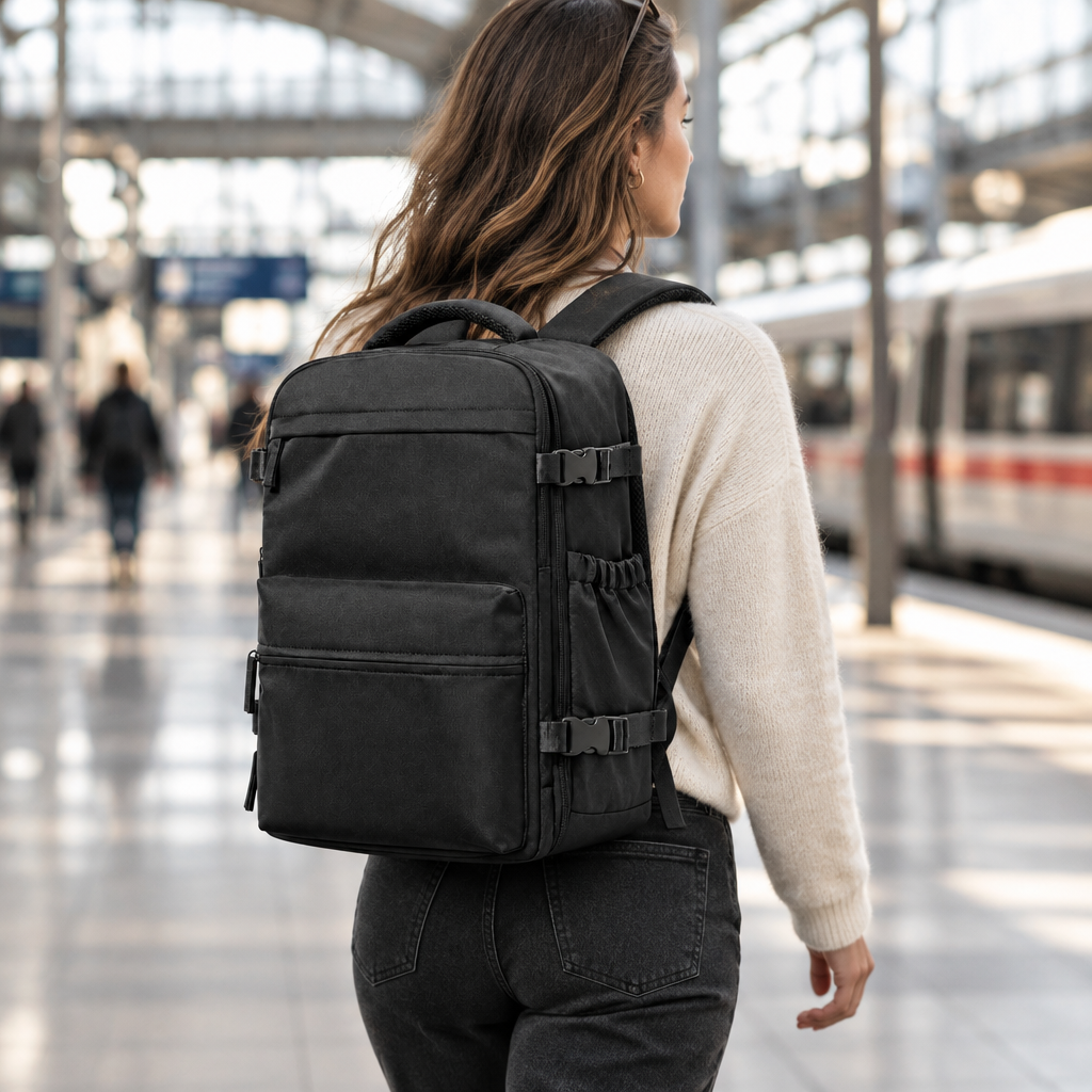 Sac cabine compression porté en gare