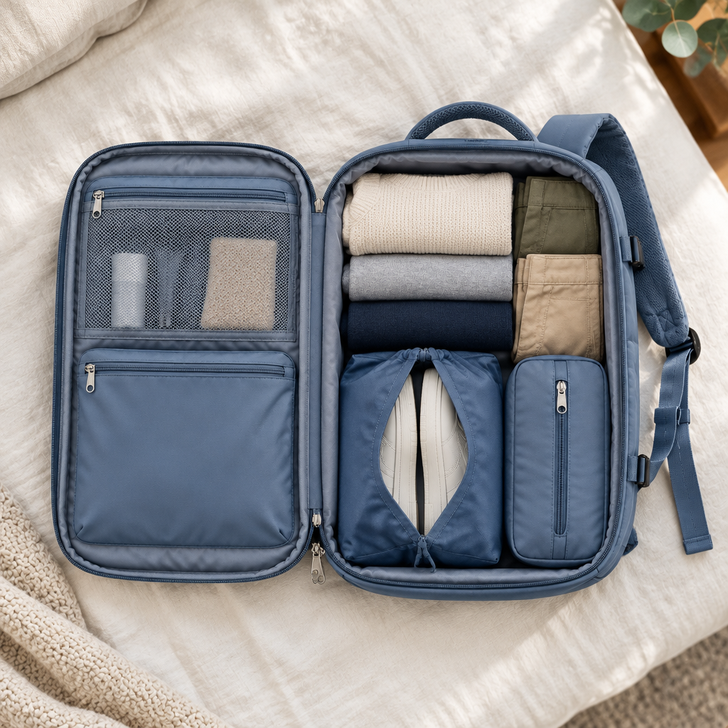 Sac à dos cabine 45x36x20 ouvert comme une valise