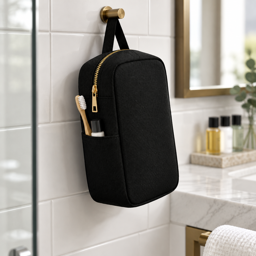 Trousse de toilette suspendue dans une salle de bain