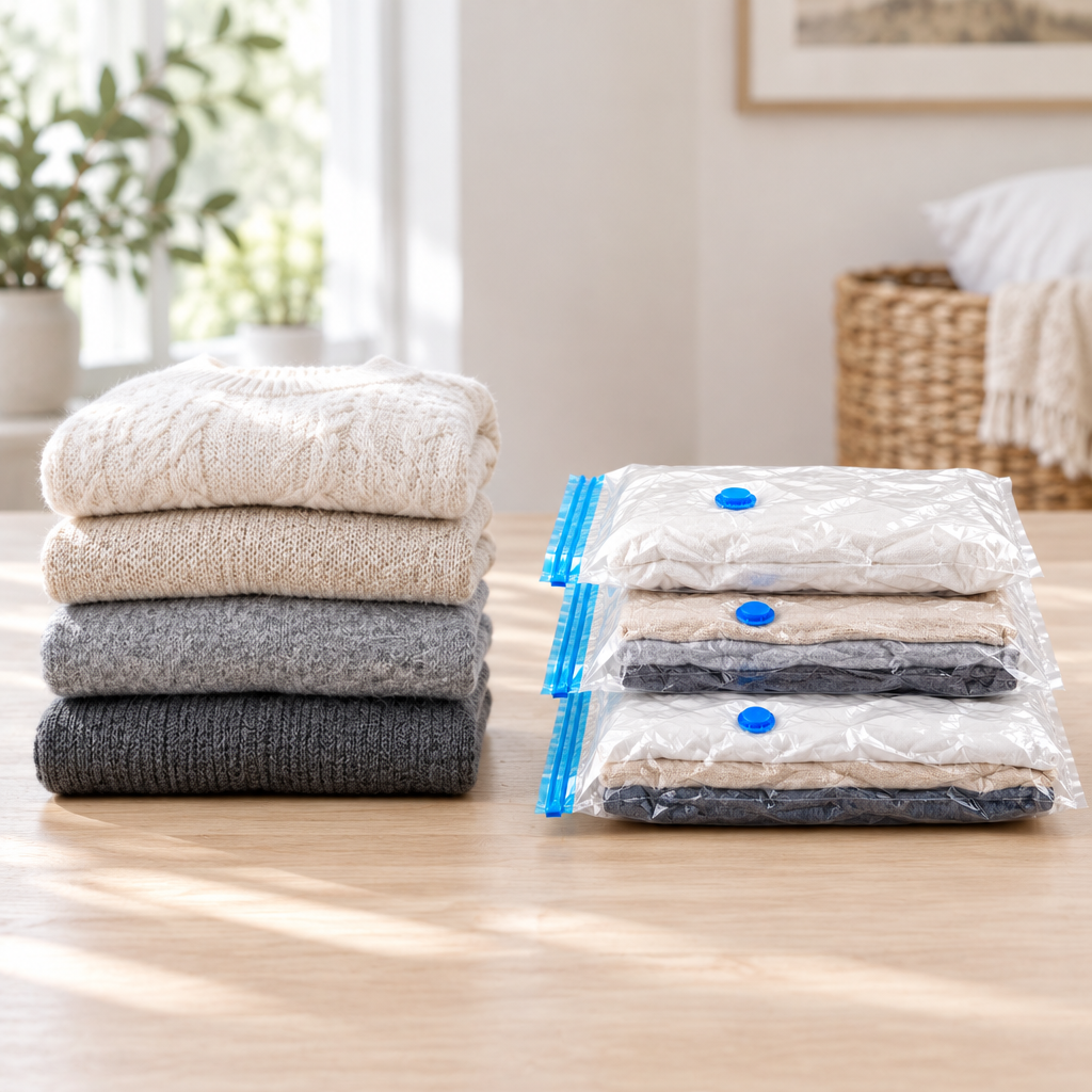 Vêtements avant et après compression