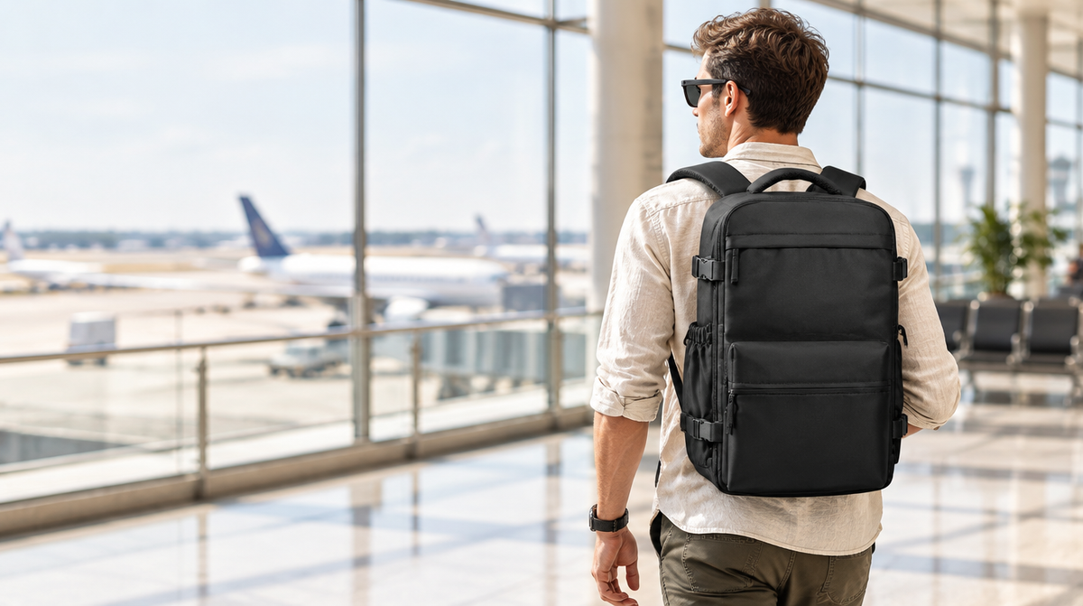 Voyageur avec le sac cabine Bohmia dans un aéroport